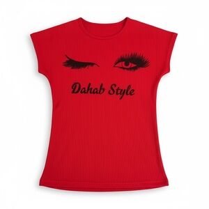 Red Graphic Tee with Eyelash Design